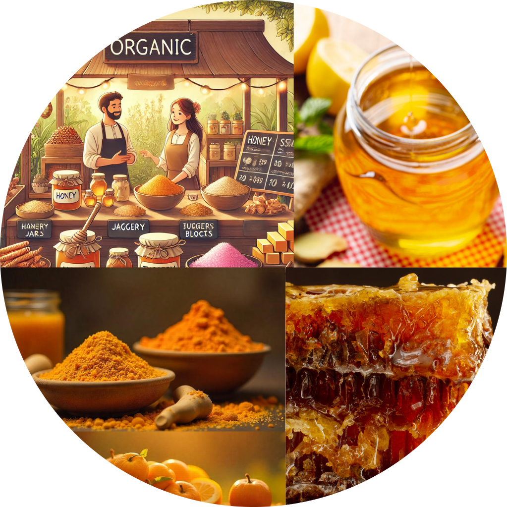 Organic products collage – honey, turmeric, jaggery, and farmers market